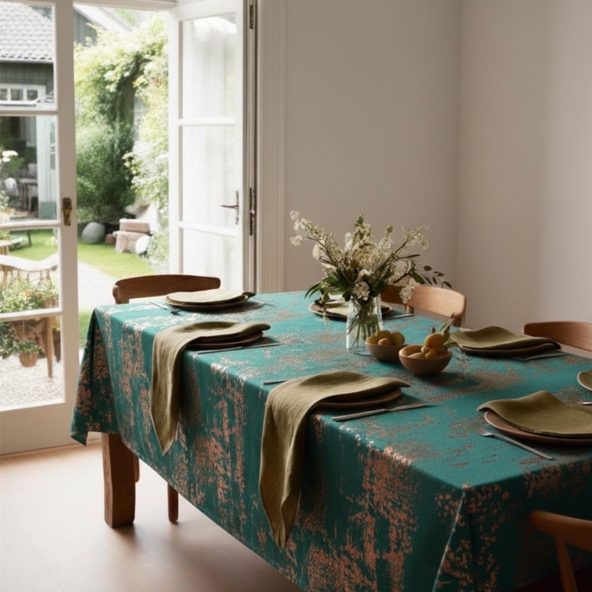 Velvet Tablecloth — Green & Copper, 13 Colors, Custom Size