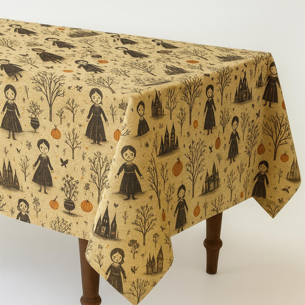 Witch toile tablecloth on a small square table