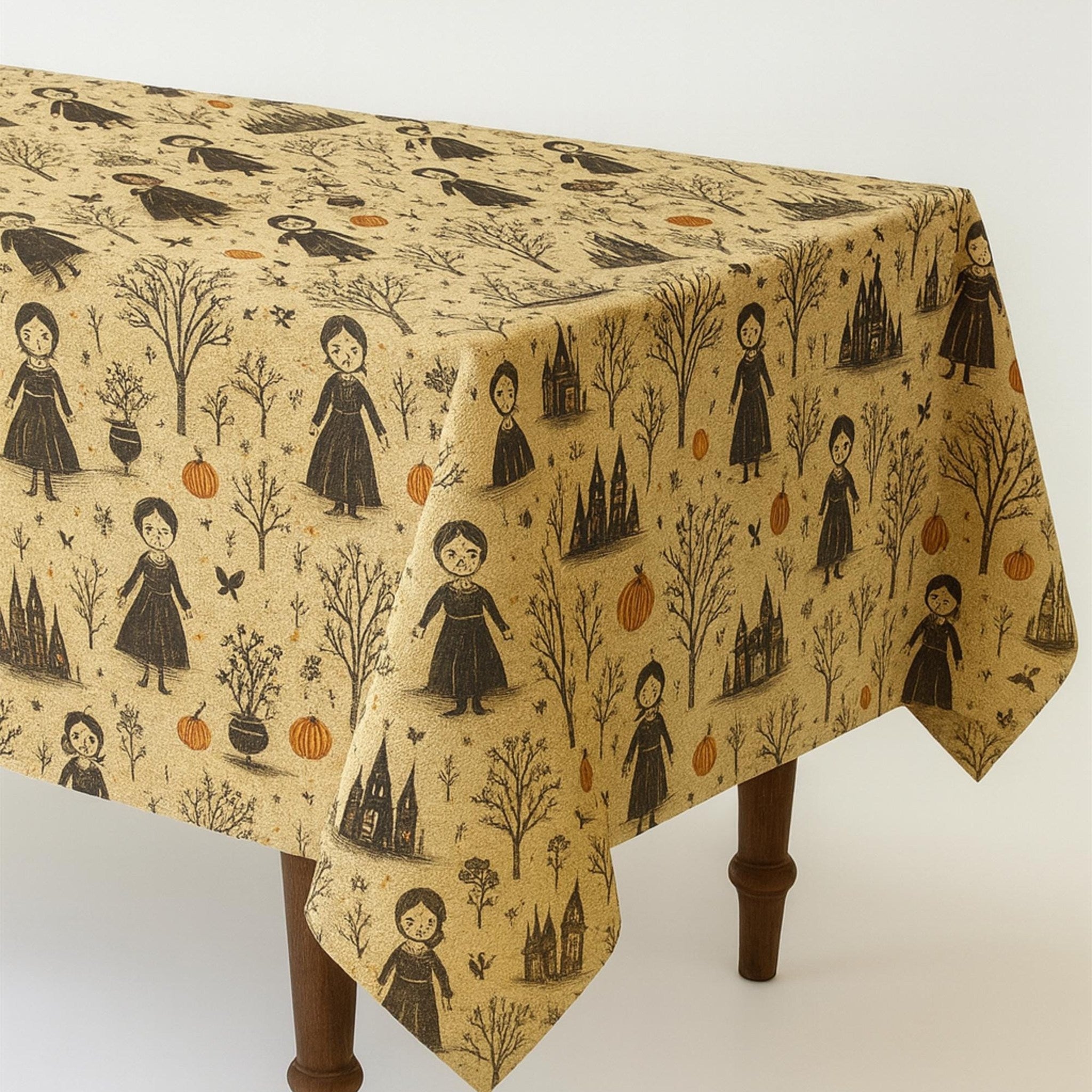 Witch toile tablecloth on a small square table