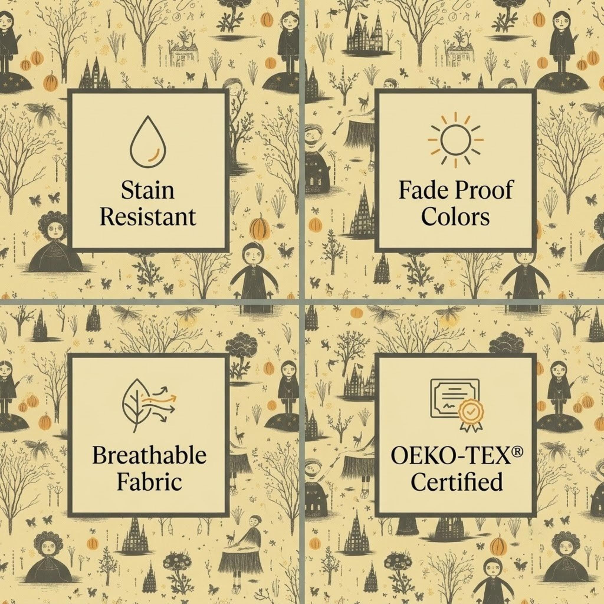 Witch toile fabric features: stain resistant, fade proof, breathable, OEKO-TEX certified