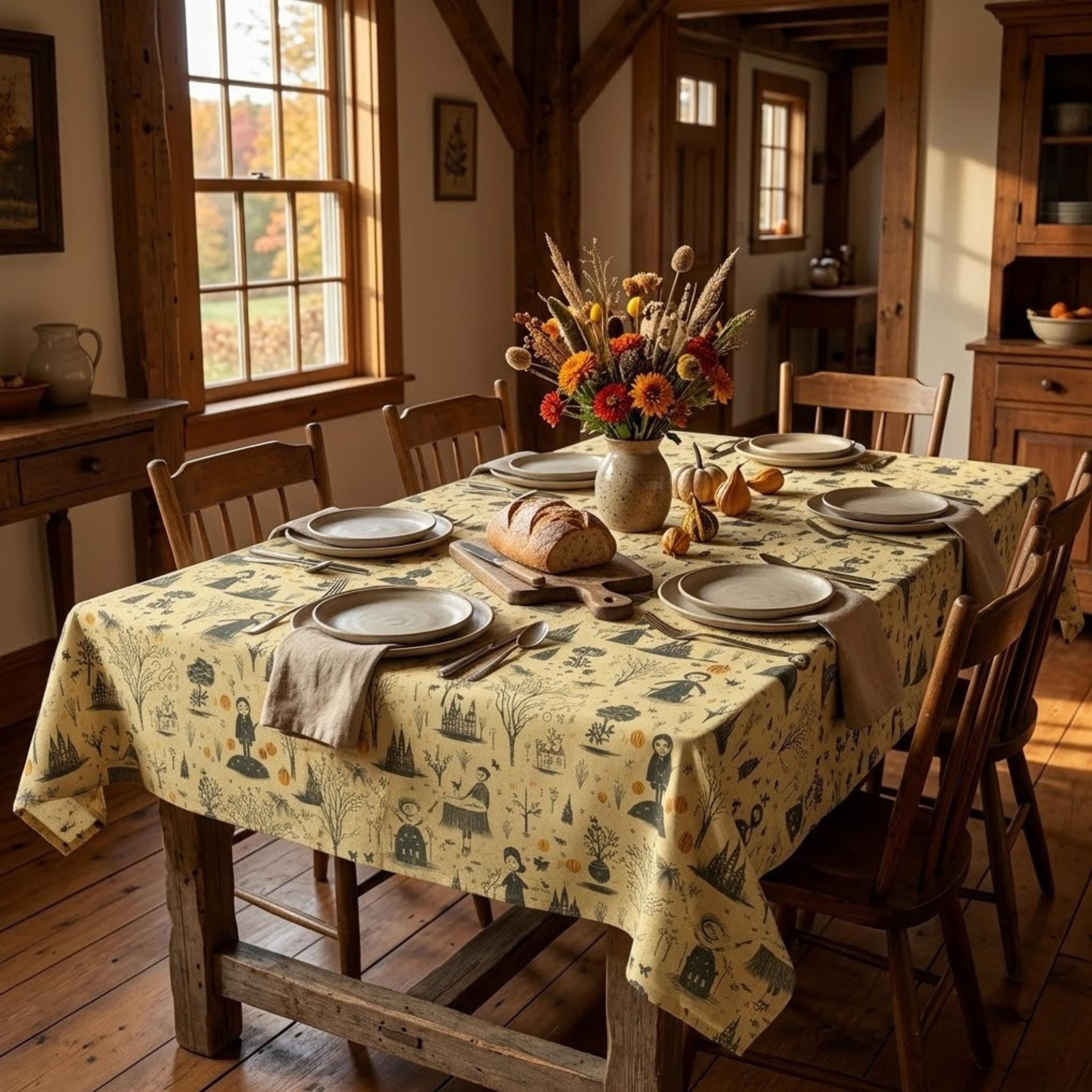Gothic pumpkin toile tablecloth in a farmhouse dining room