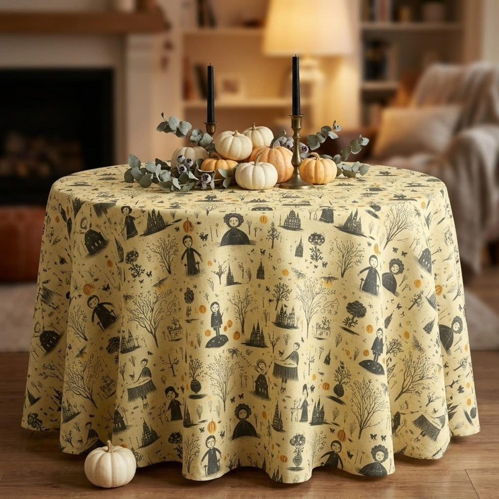 Round witch toile tablecloth with pumpkin centerpiece