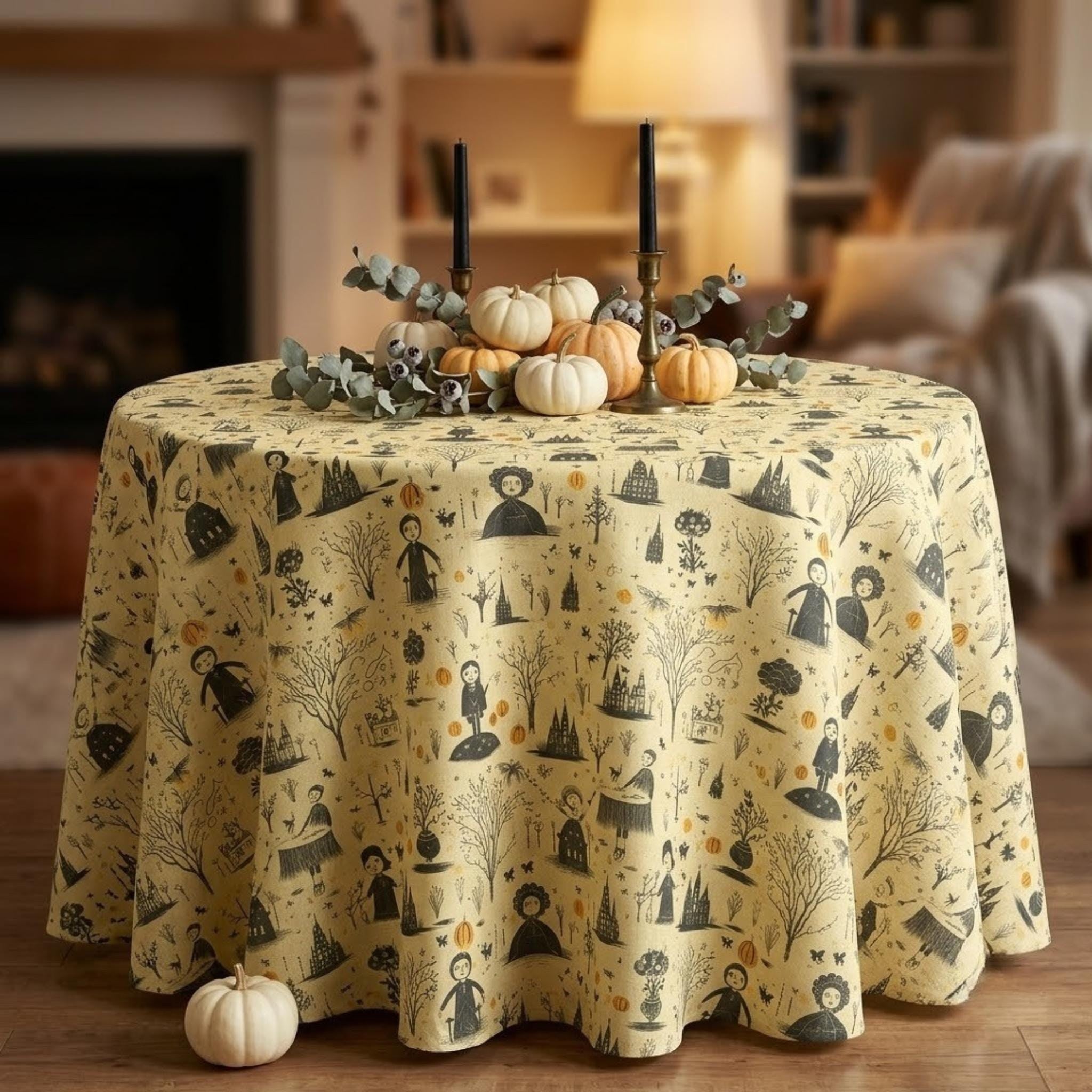 Round witch toile tablecloth with pumpkin centerpiece
