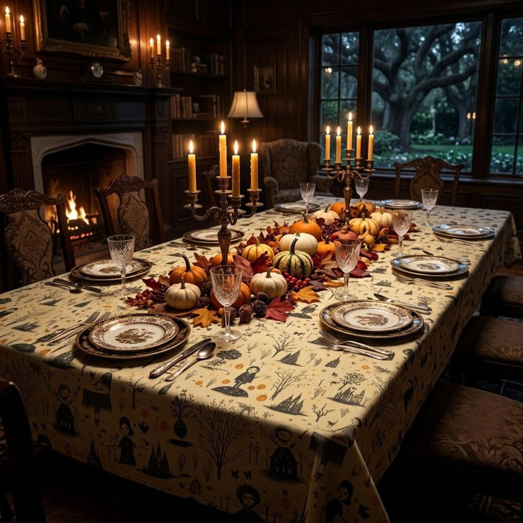 Halloween toile tablecloth on a fireside dinner table