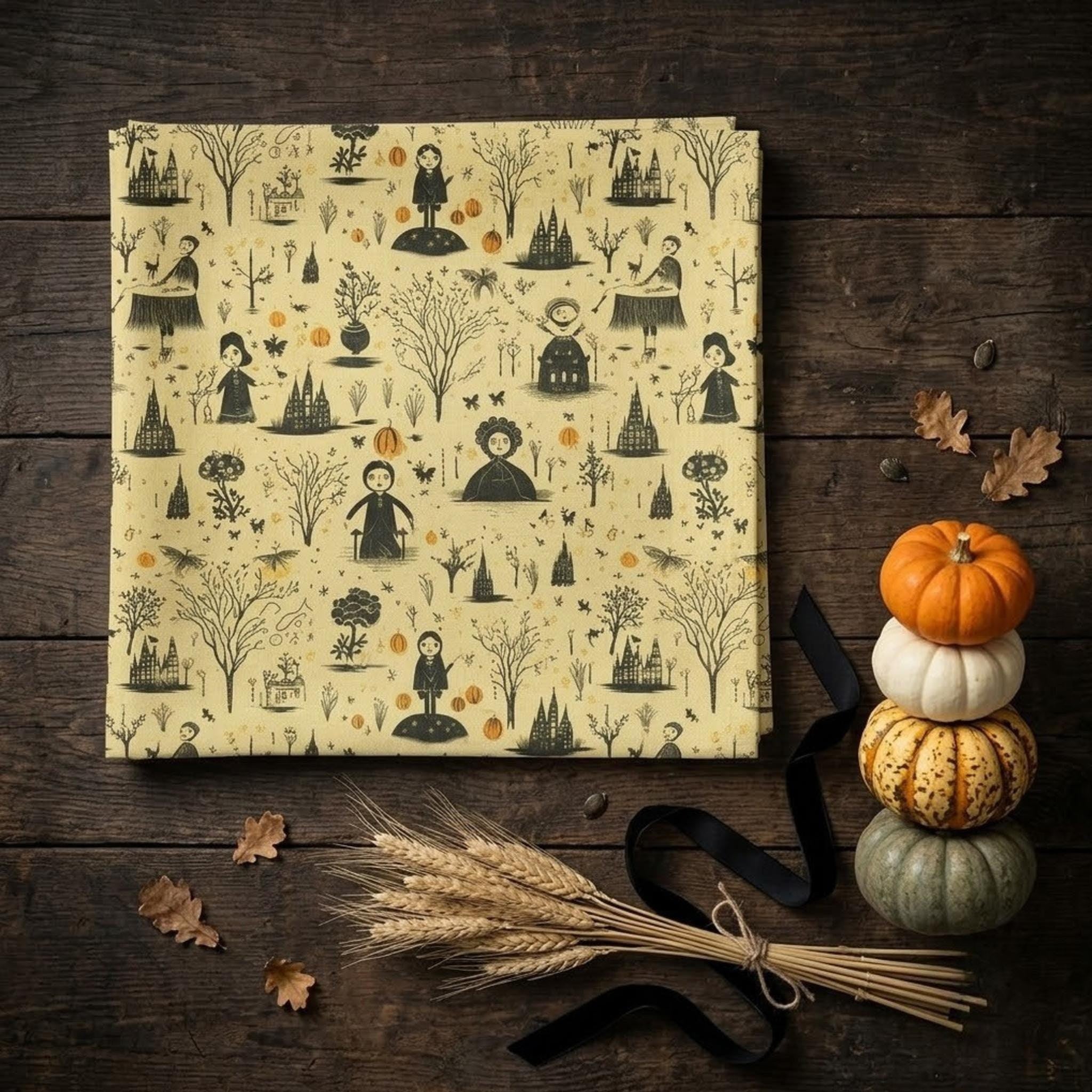 Folded witch toile fabric with pumpkins