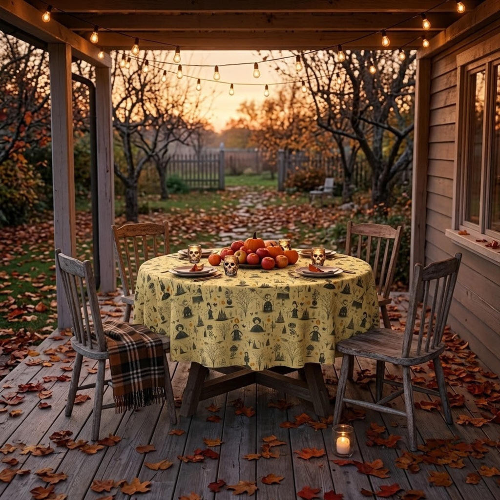 Round gothic toile tablecloth on an autumn patio