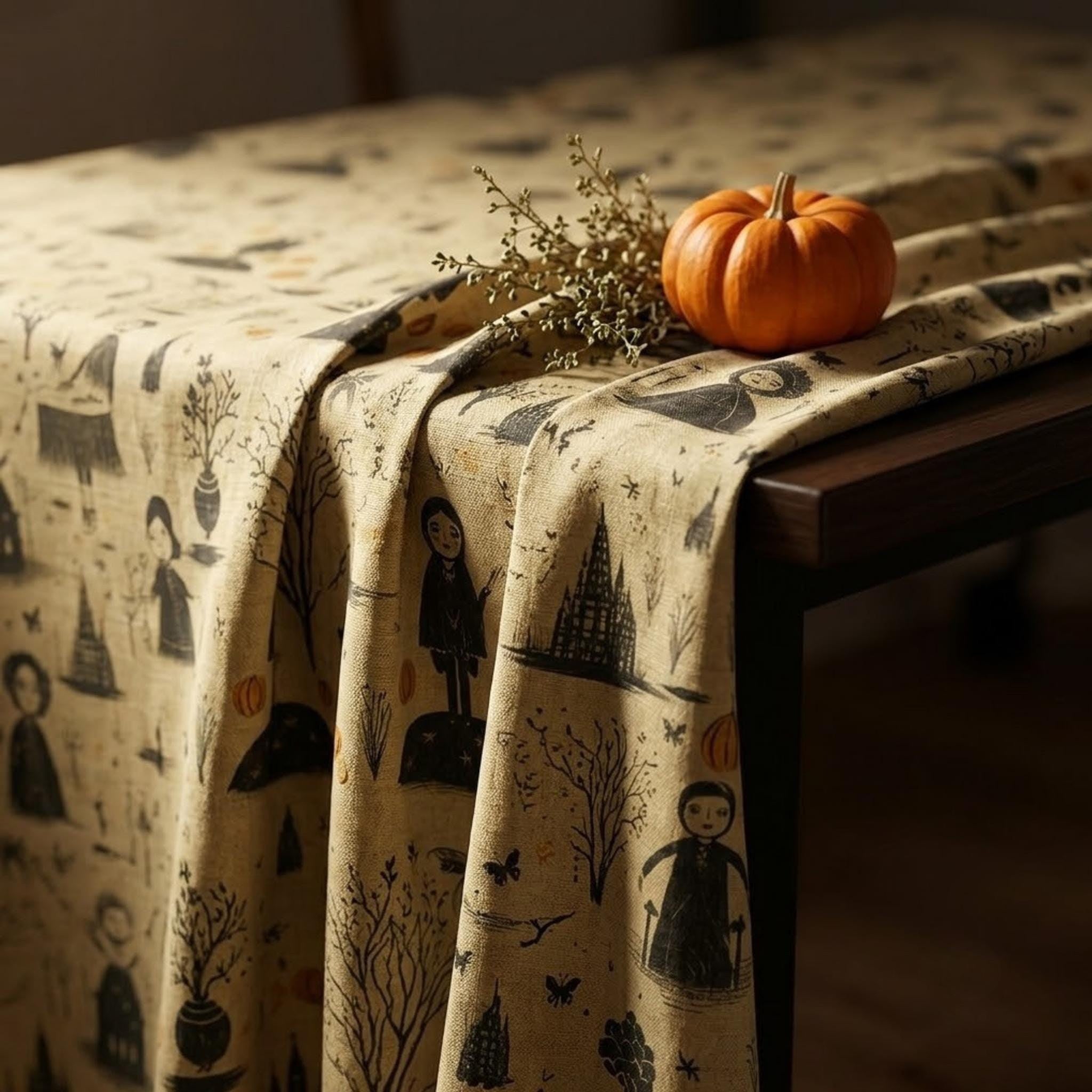 Witch toile tablecloth drape detail with pumpkin