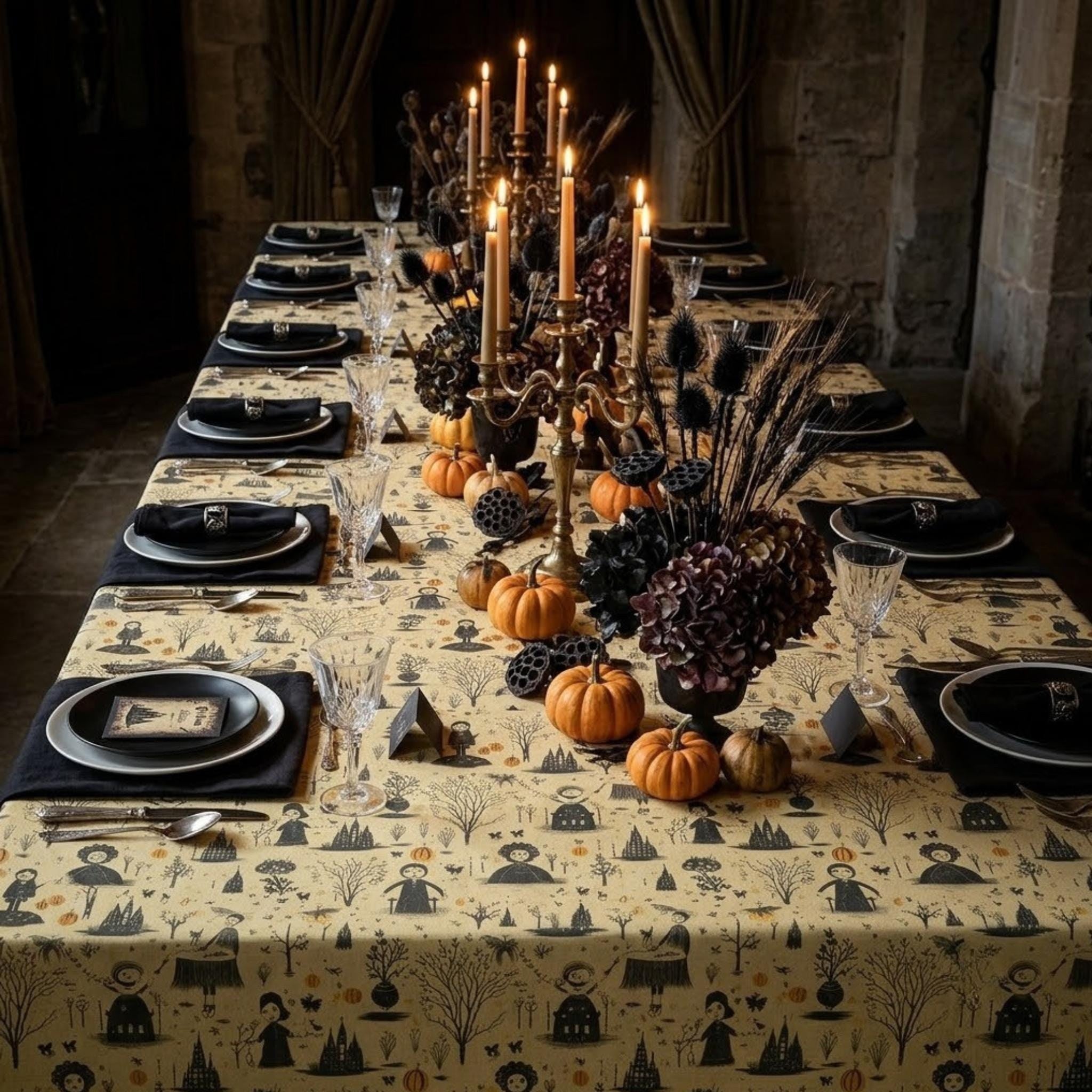 Halloween toile tablecloth on a long candlelit banquet table