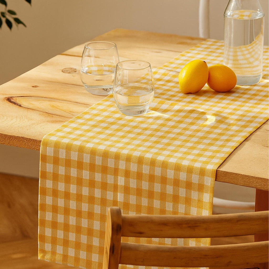 Gingham cotton table runner outdoor table with lemons
