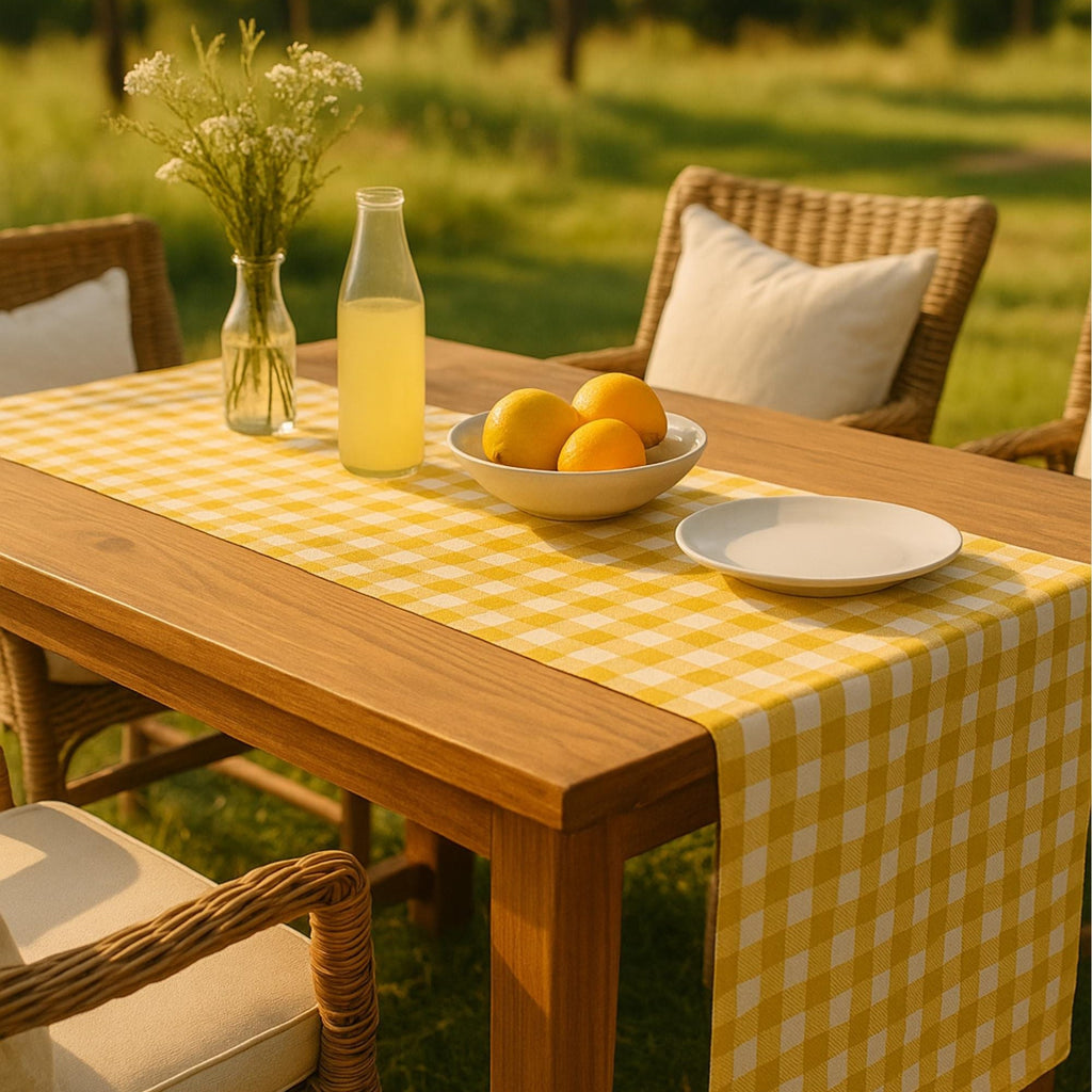 Gingham cotton table runner garden picnic table