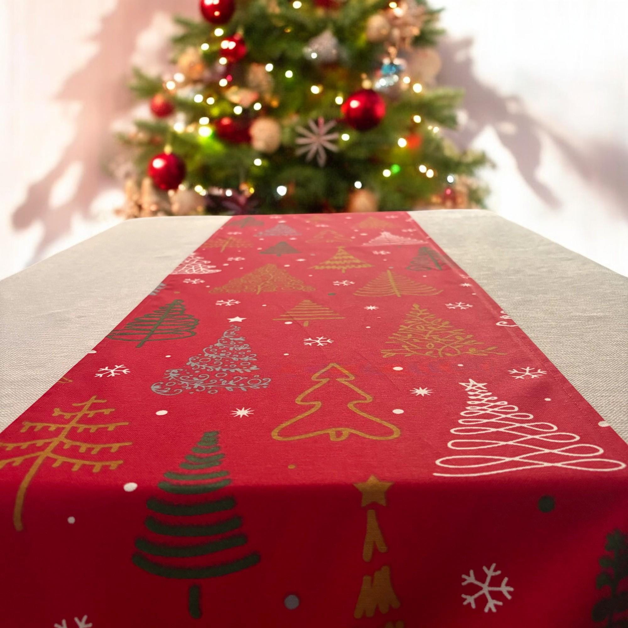Red Christmas tree print table runner festive setting