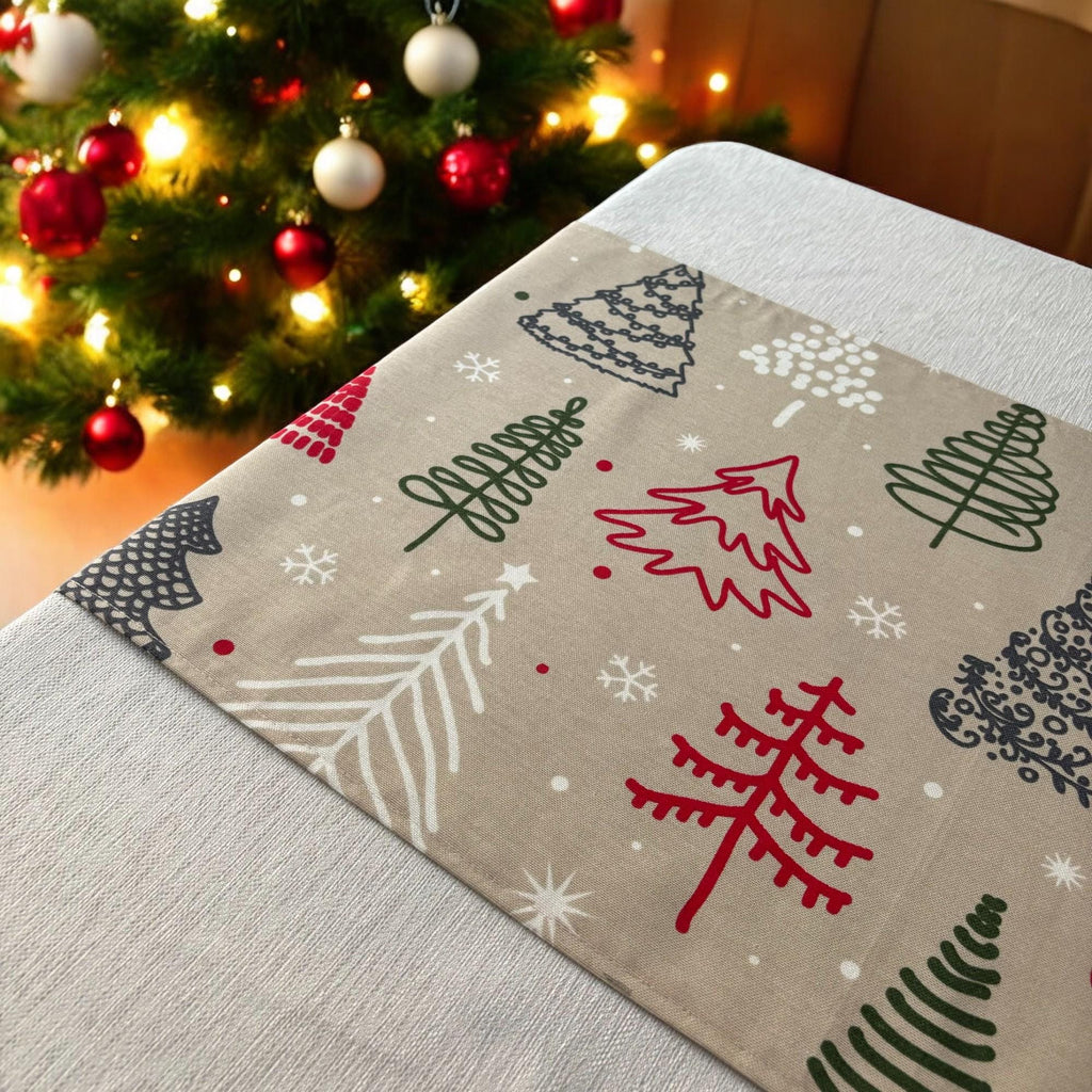 Christmas tree print table runner on holiday table