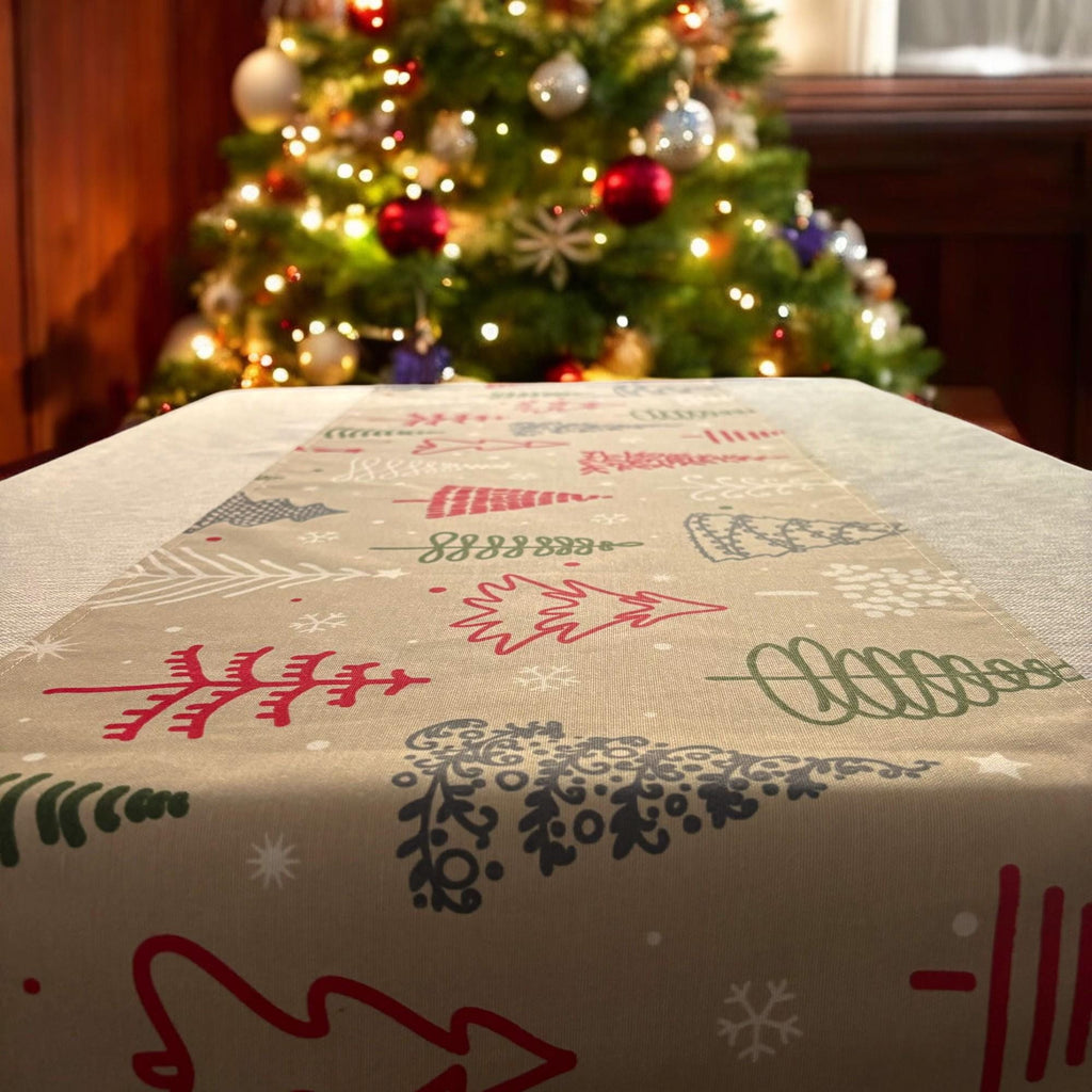 Beige Christmas tree print table runner by the tree