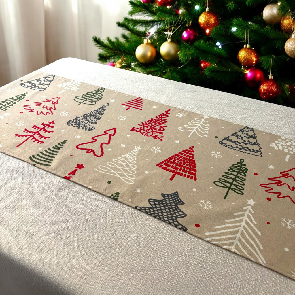Christmas tree print table runner with ornaments