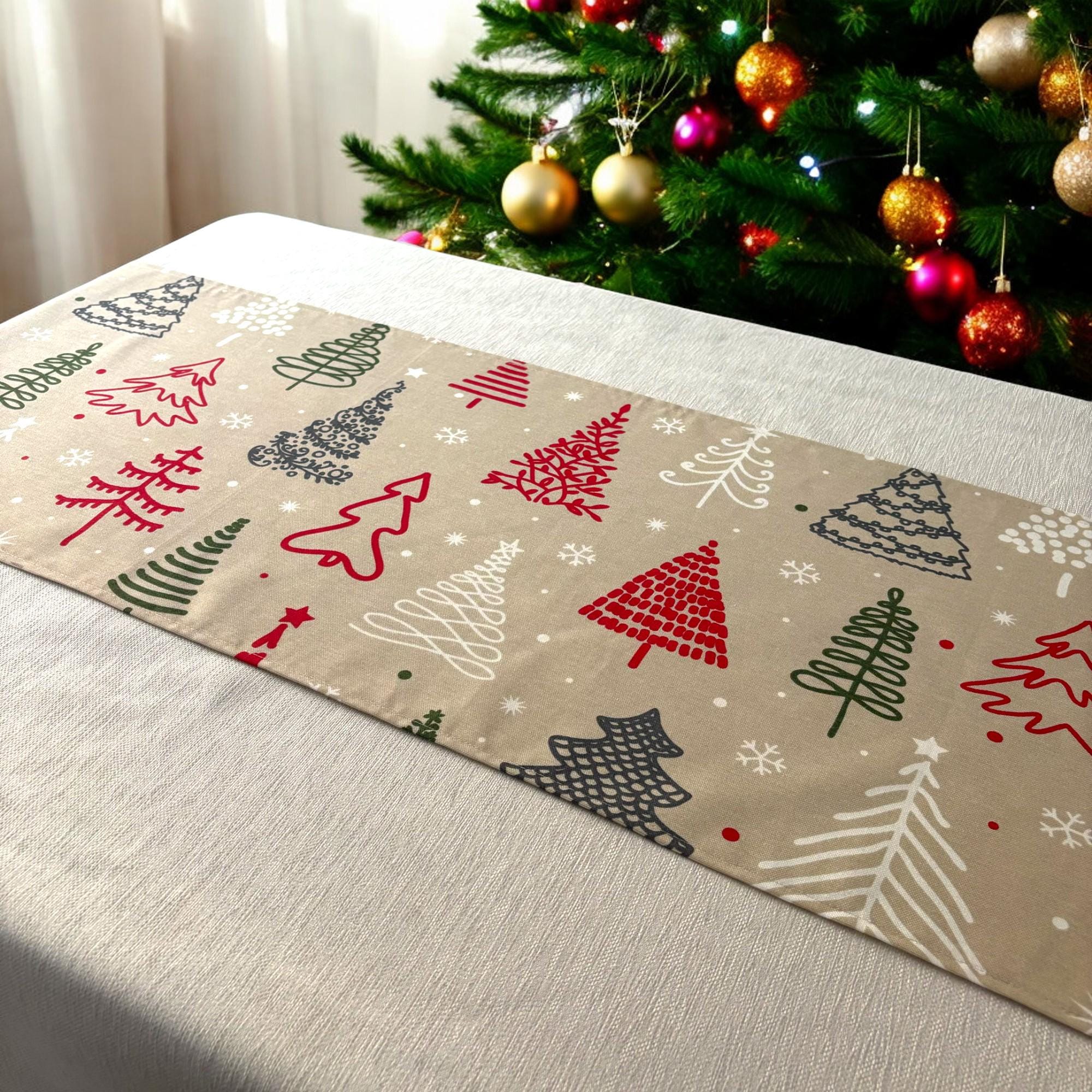 Christmas tree print table runner with ornaments