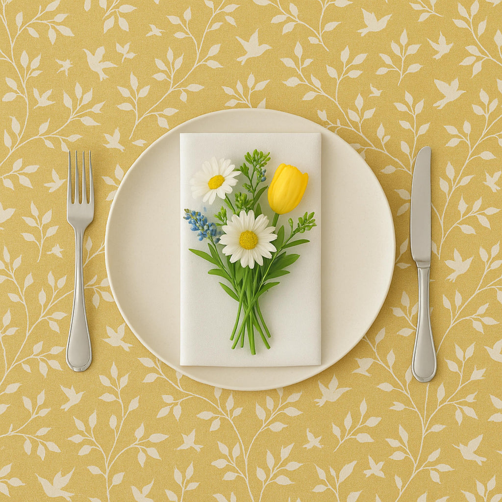 Botanical cotton fabric close-up with place setting