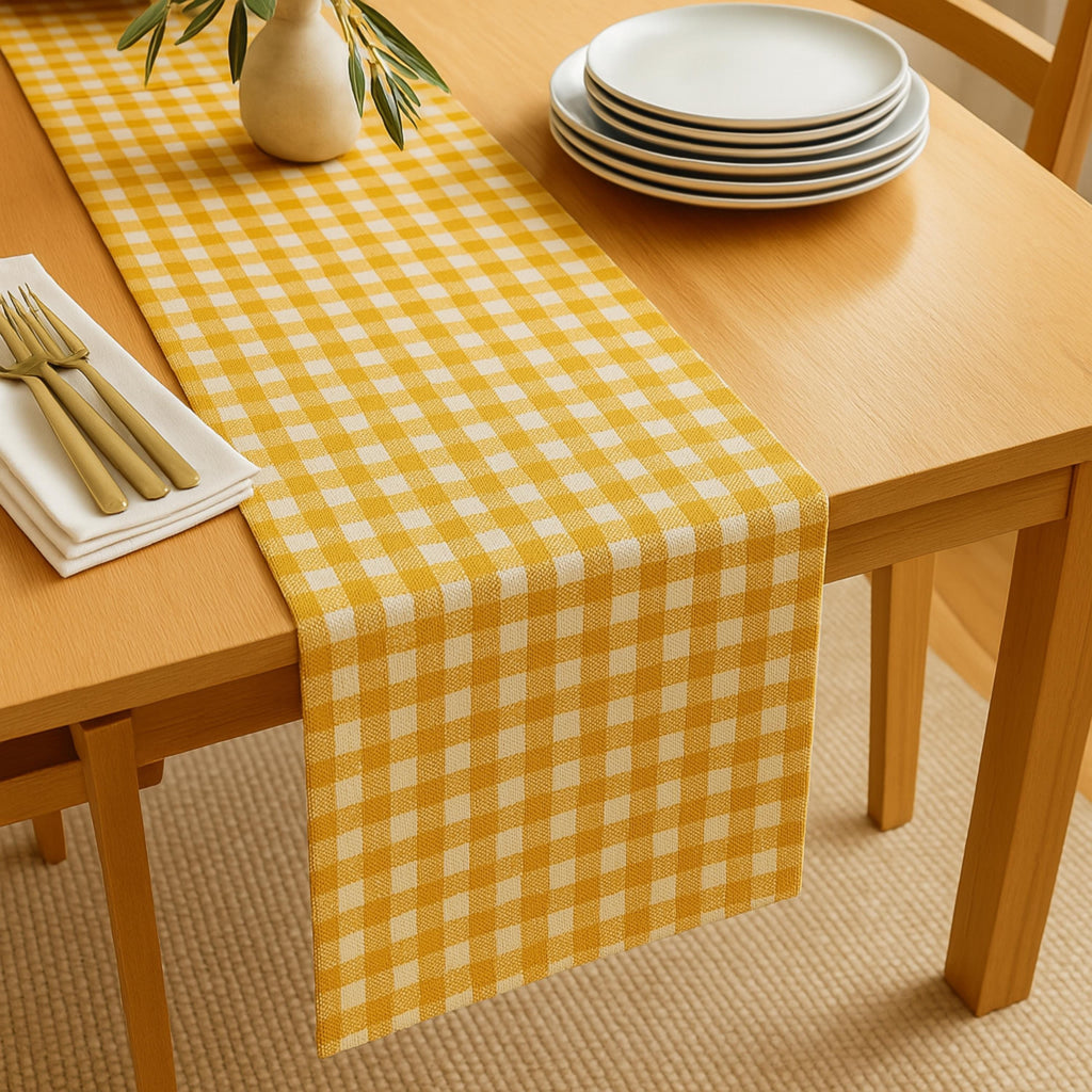 Gingham cotton table runner with plates