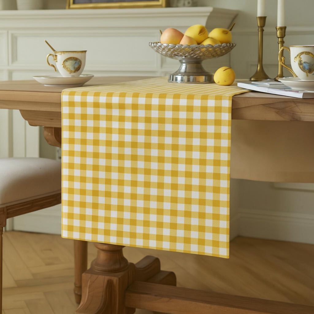 Yellow gingham cotton table runner in classic dining room