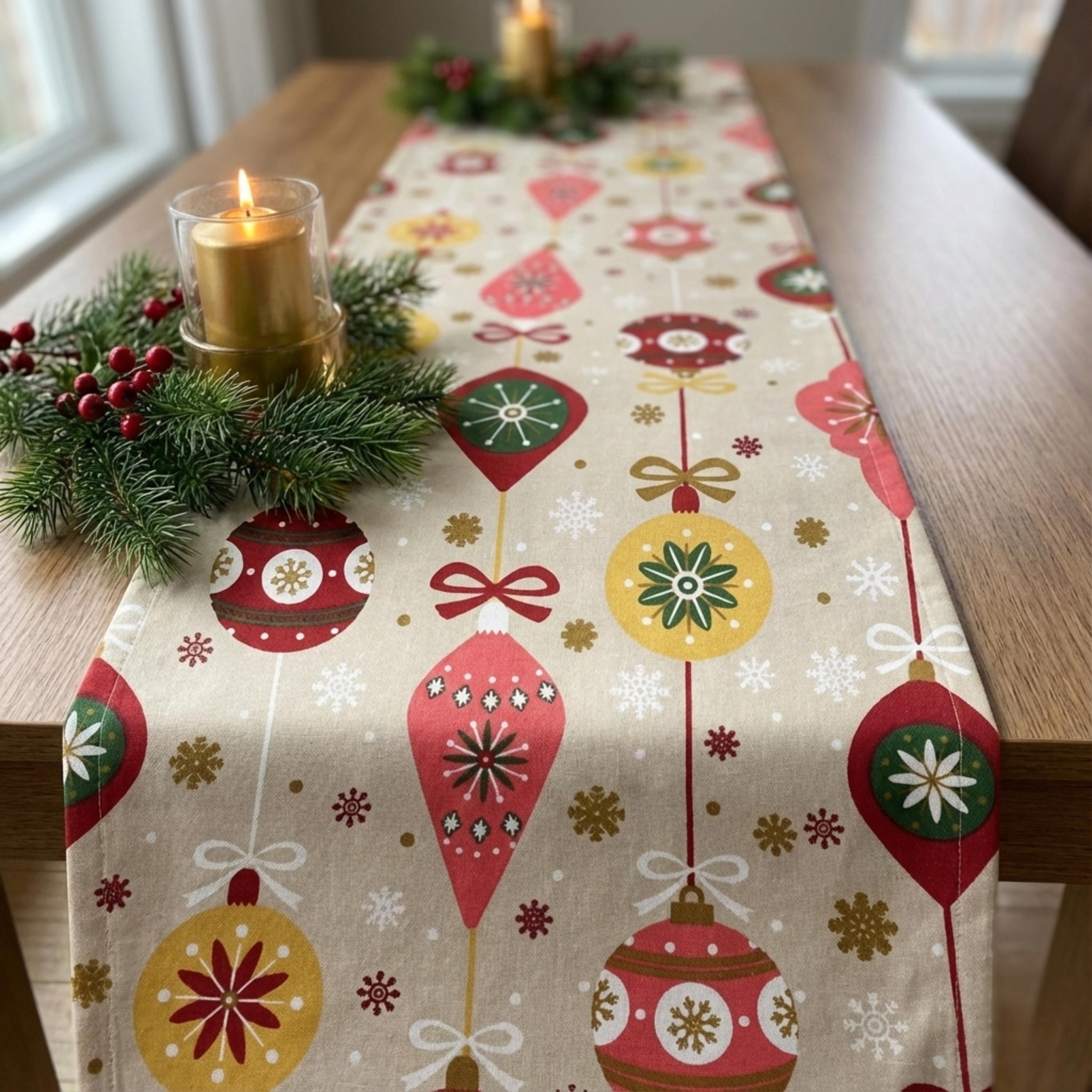 Beige Christmas table runner with candle decor