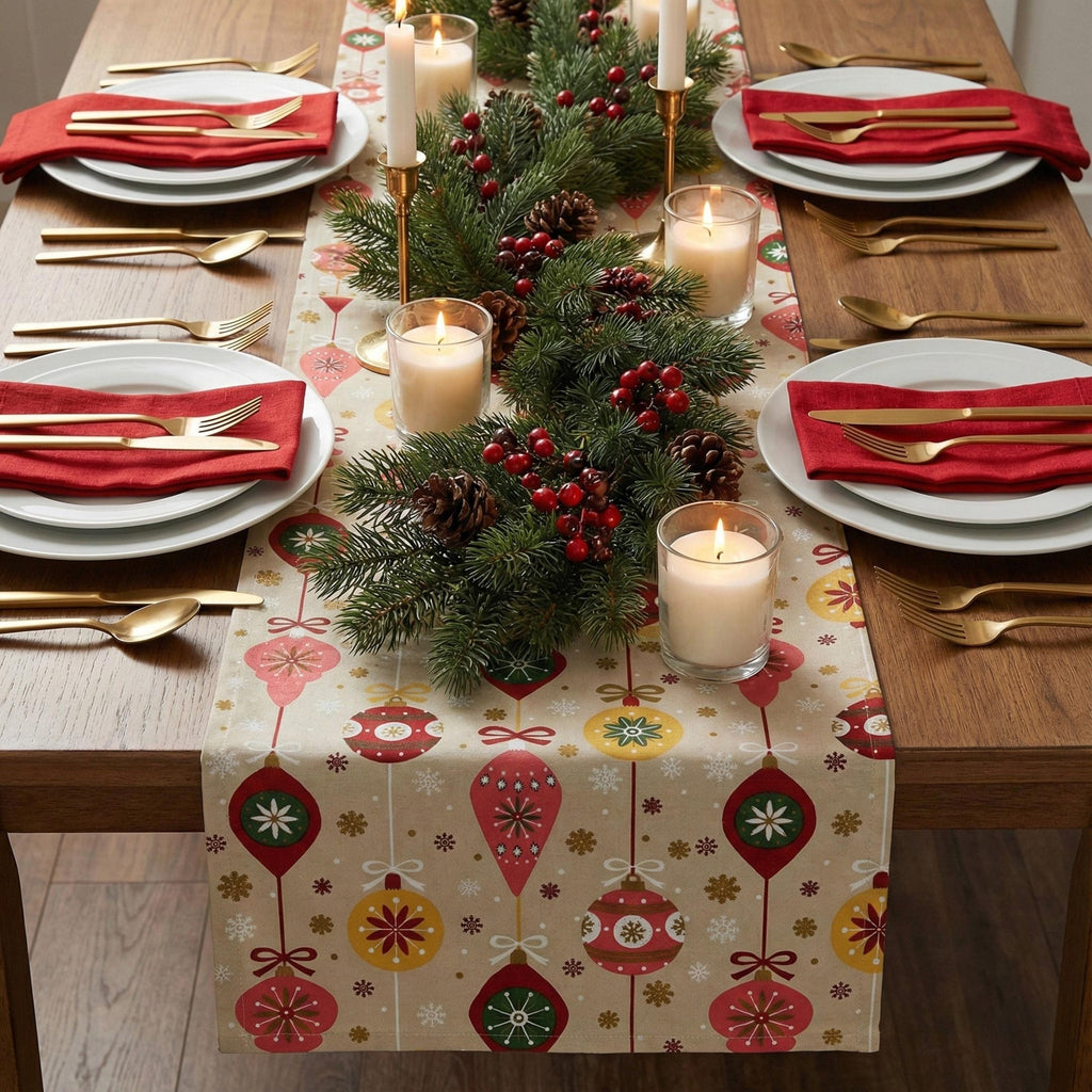 Beige Christmas table runner with holiday centerpiece and candles