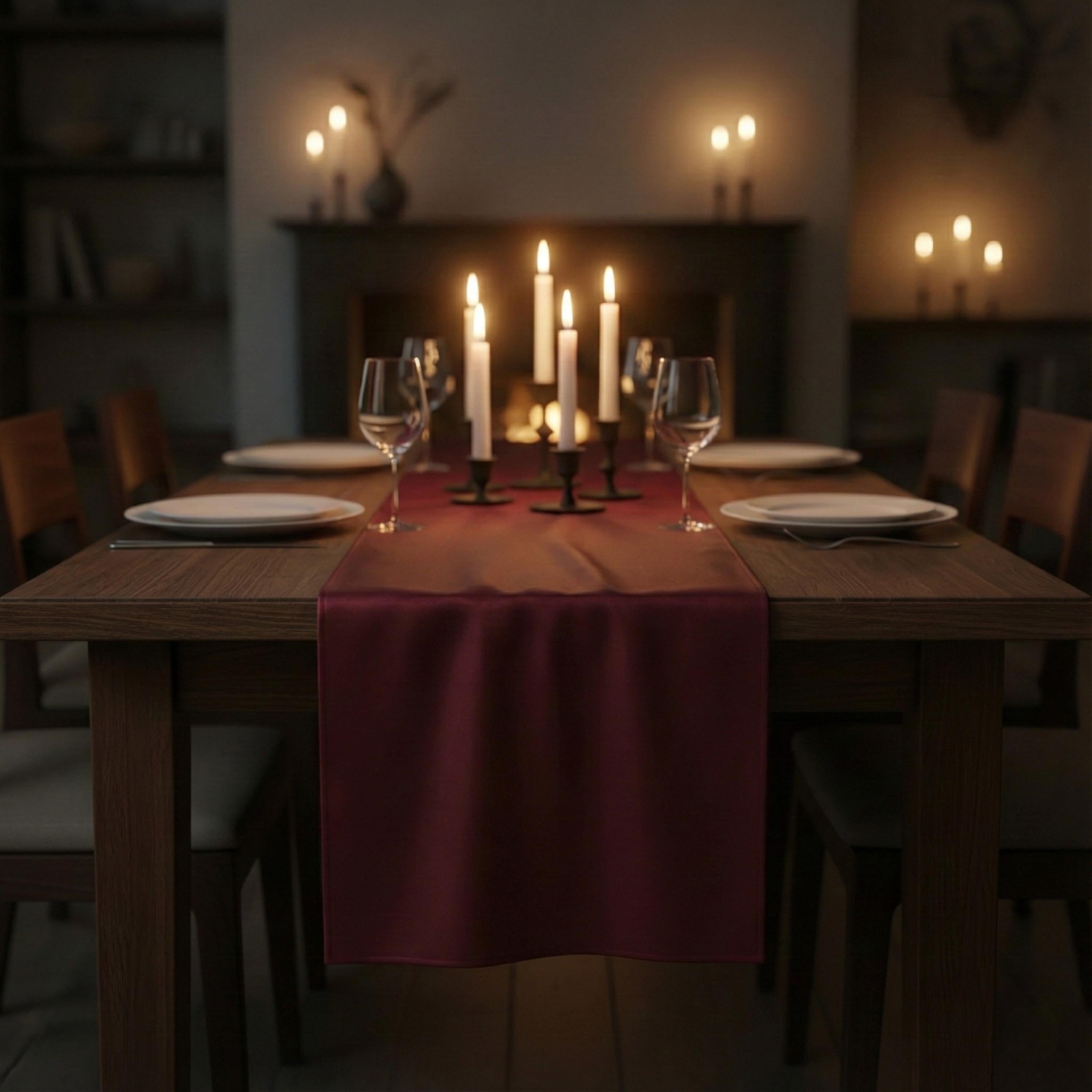 Wine velvet satin table runner candlelit dinner setting