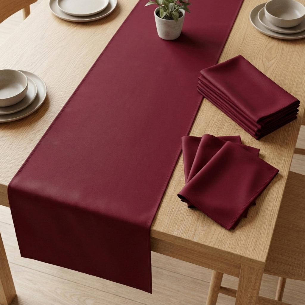 Wine velvet satin table runner styled with dinnerware