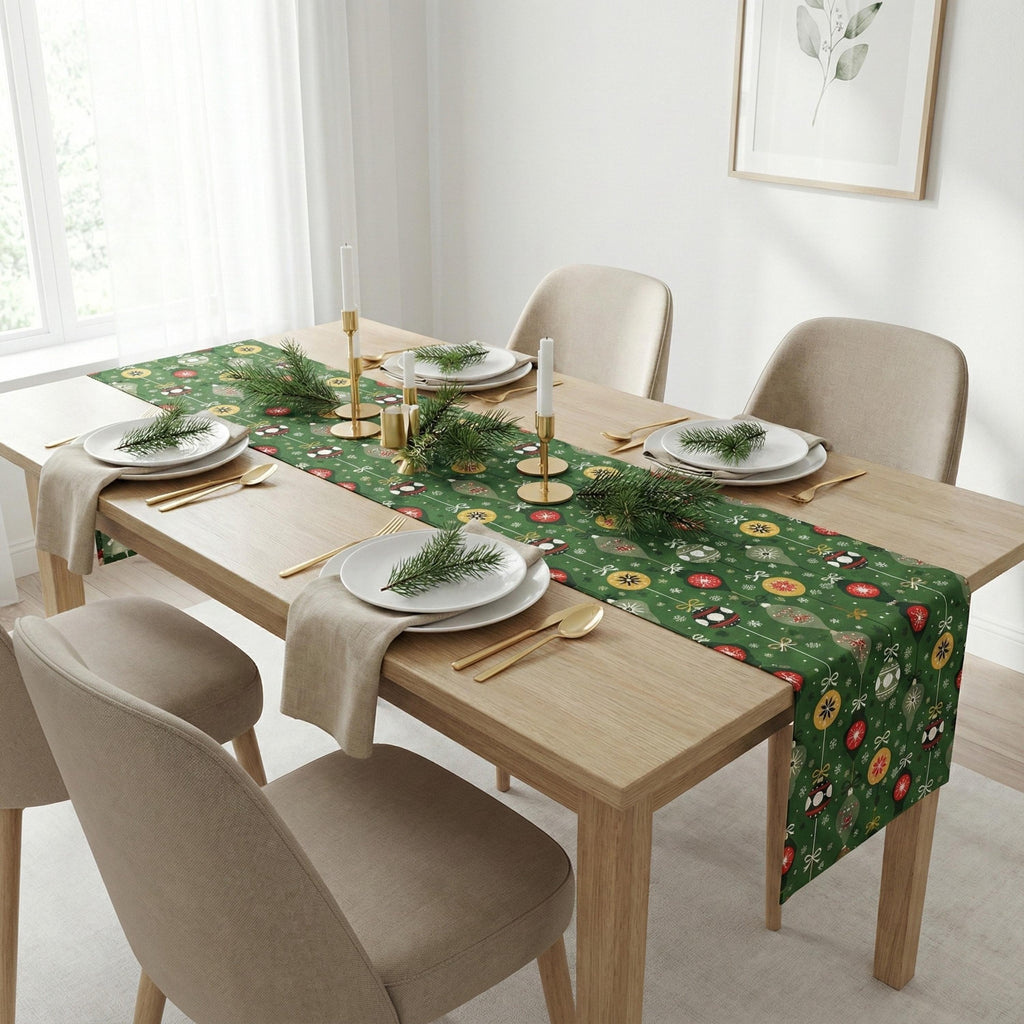 Green Christmas table runner in bright dining room