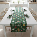 Green Christmas table runner on white table