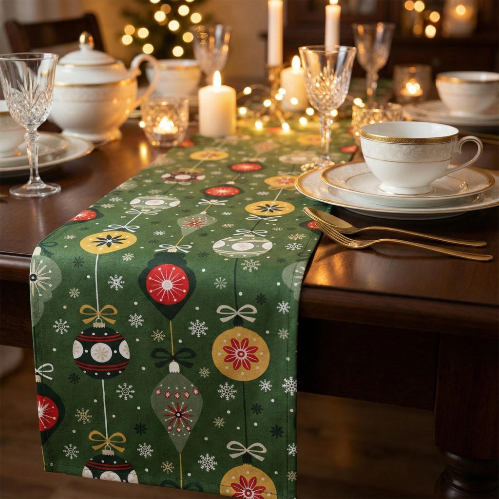 Green Christmas table runner with fine china
