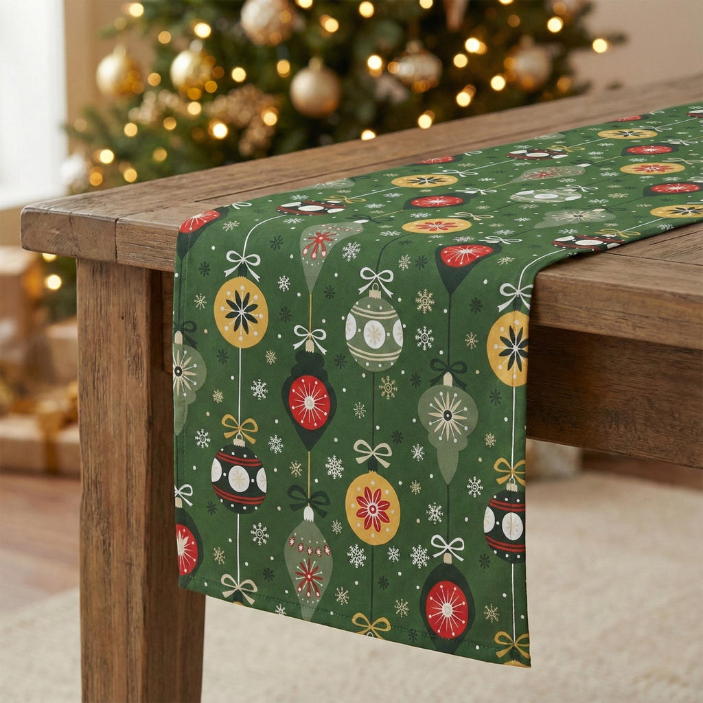 Green Christmas table runner by the Christmas tree