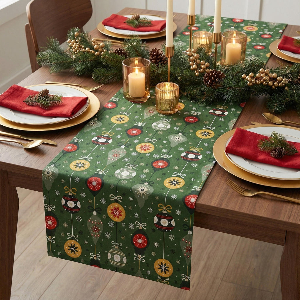 Green Christmas table runner with holiday centerpiece and candles