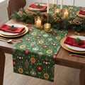 Green Christmas table runner with holiday centerpiece and candles