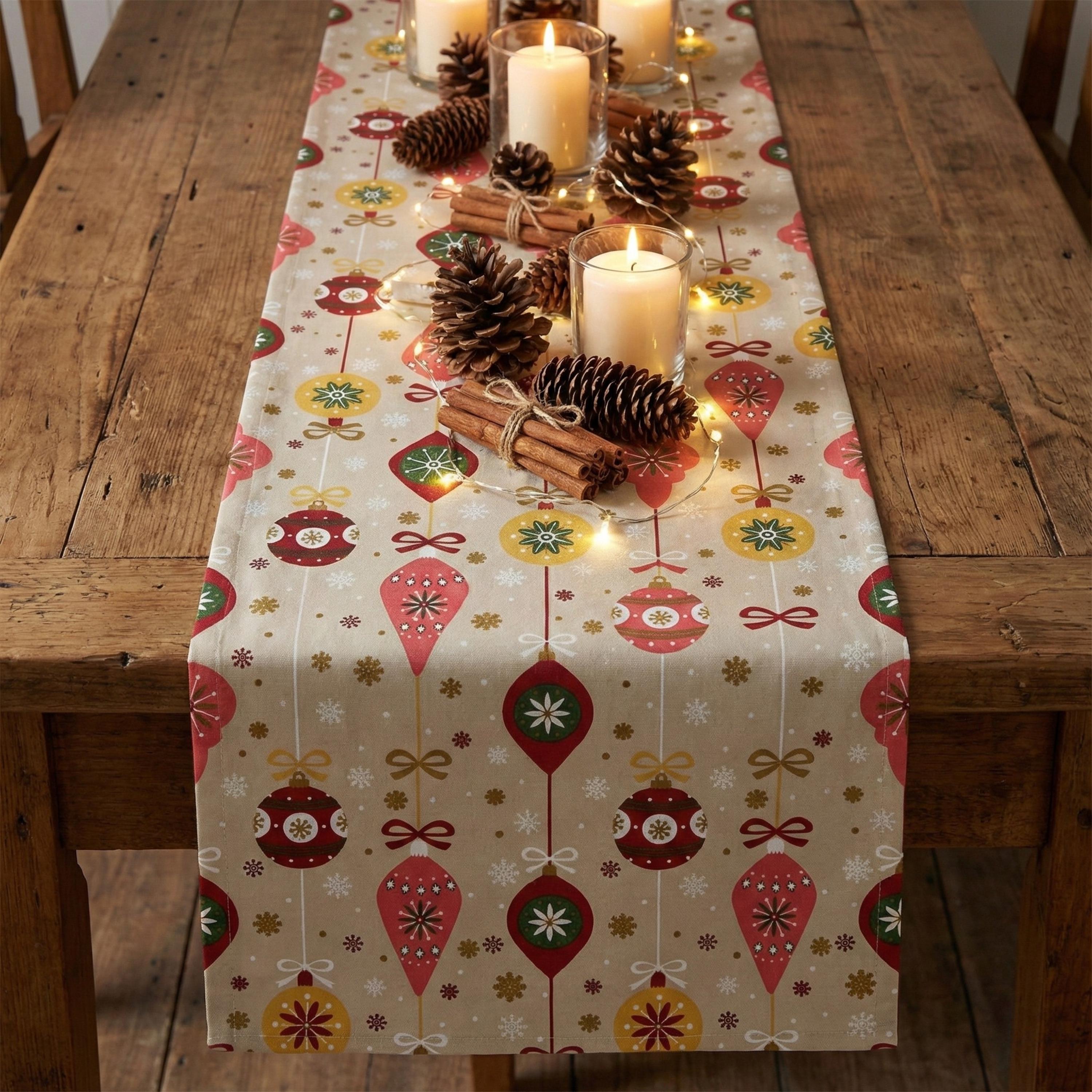 Beige Christmas table runner rustic table with pinecones