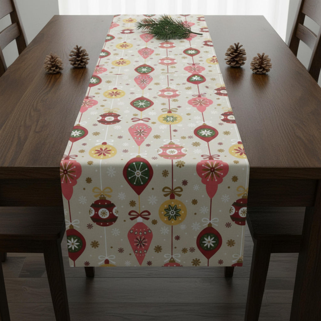 Beige Christmas table runner on dark wood table with pinecones