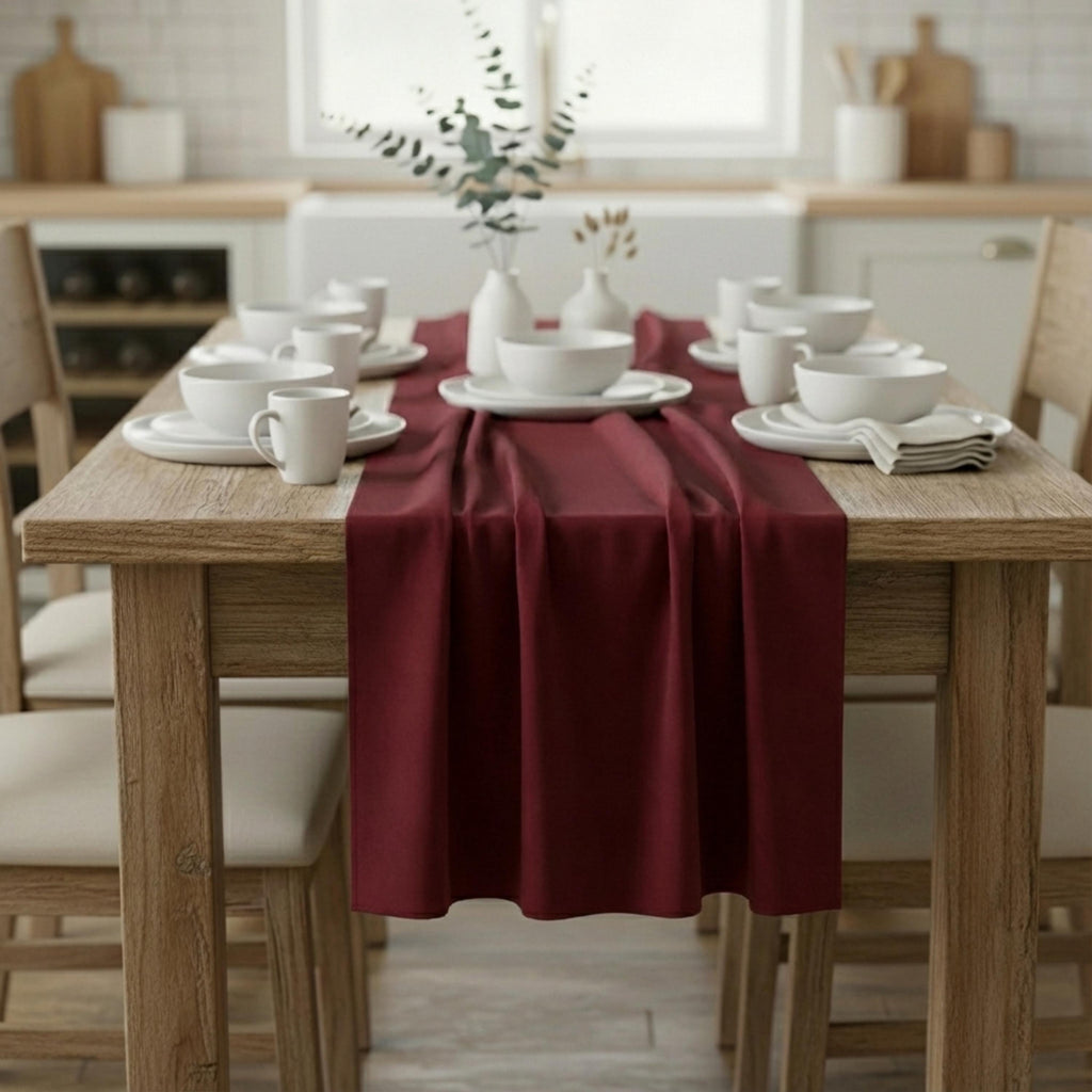 Wine velvet satin table runner close-up