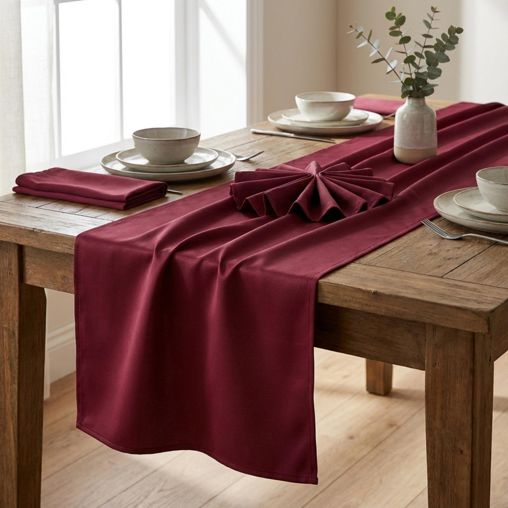 Wine velvet satin table runner with matching napkins