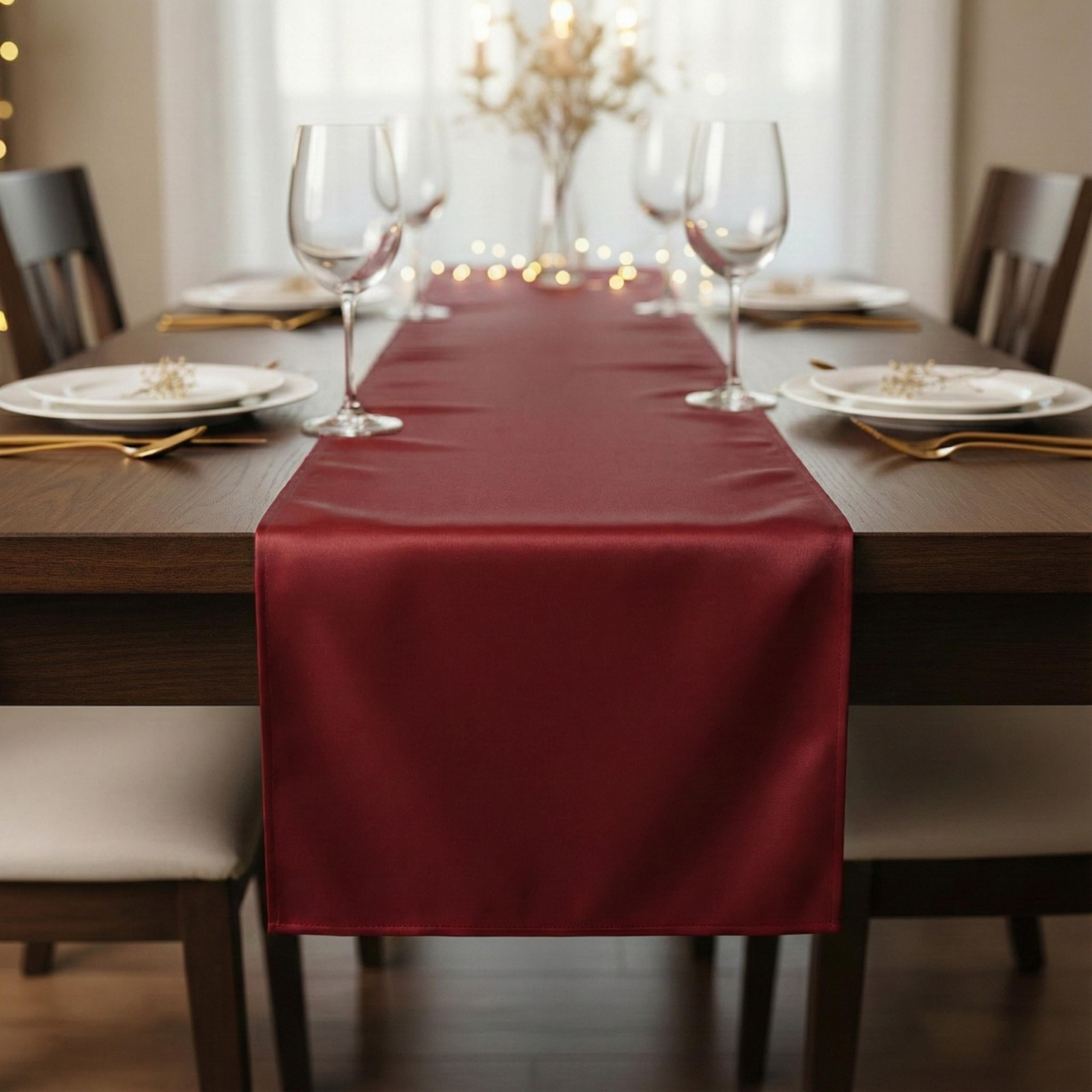 Wine velvet satin table runner on dining table
