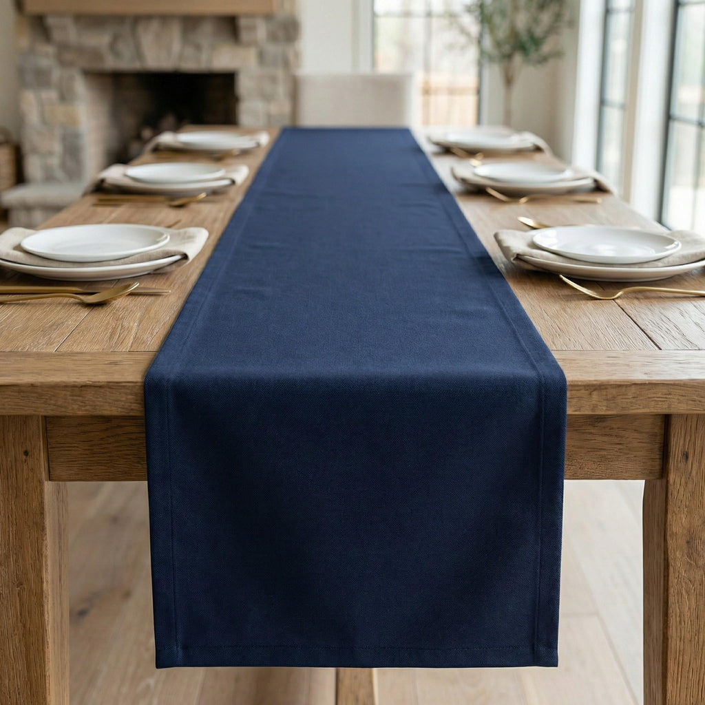 Navy water-repellent velvet table runner on dining table