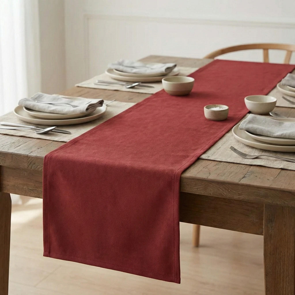 Velvet table runner in terracotta red on a rustic wooden dining table