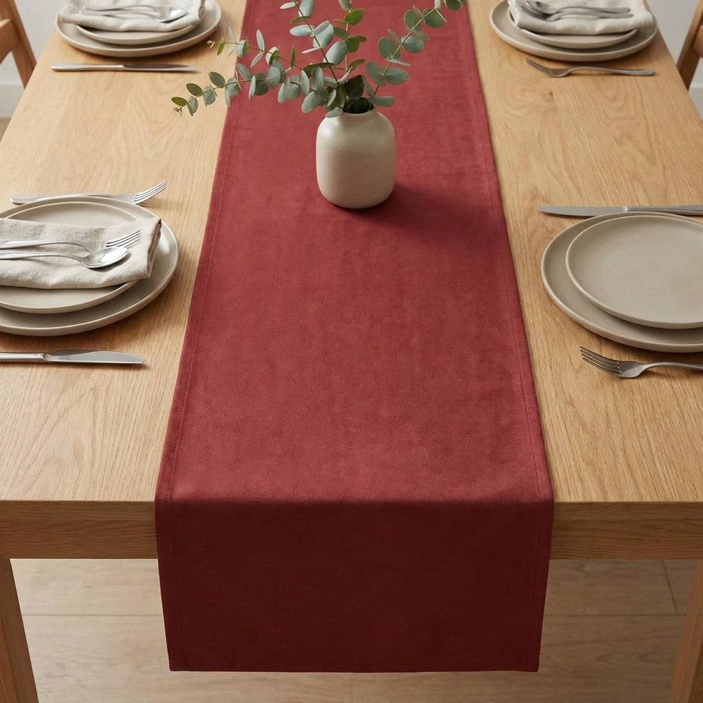 Velvet table runner with vase centerpiece
