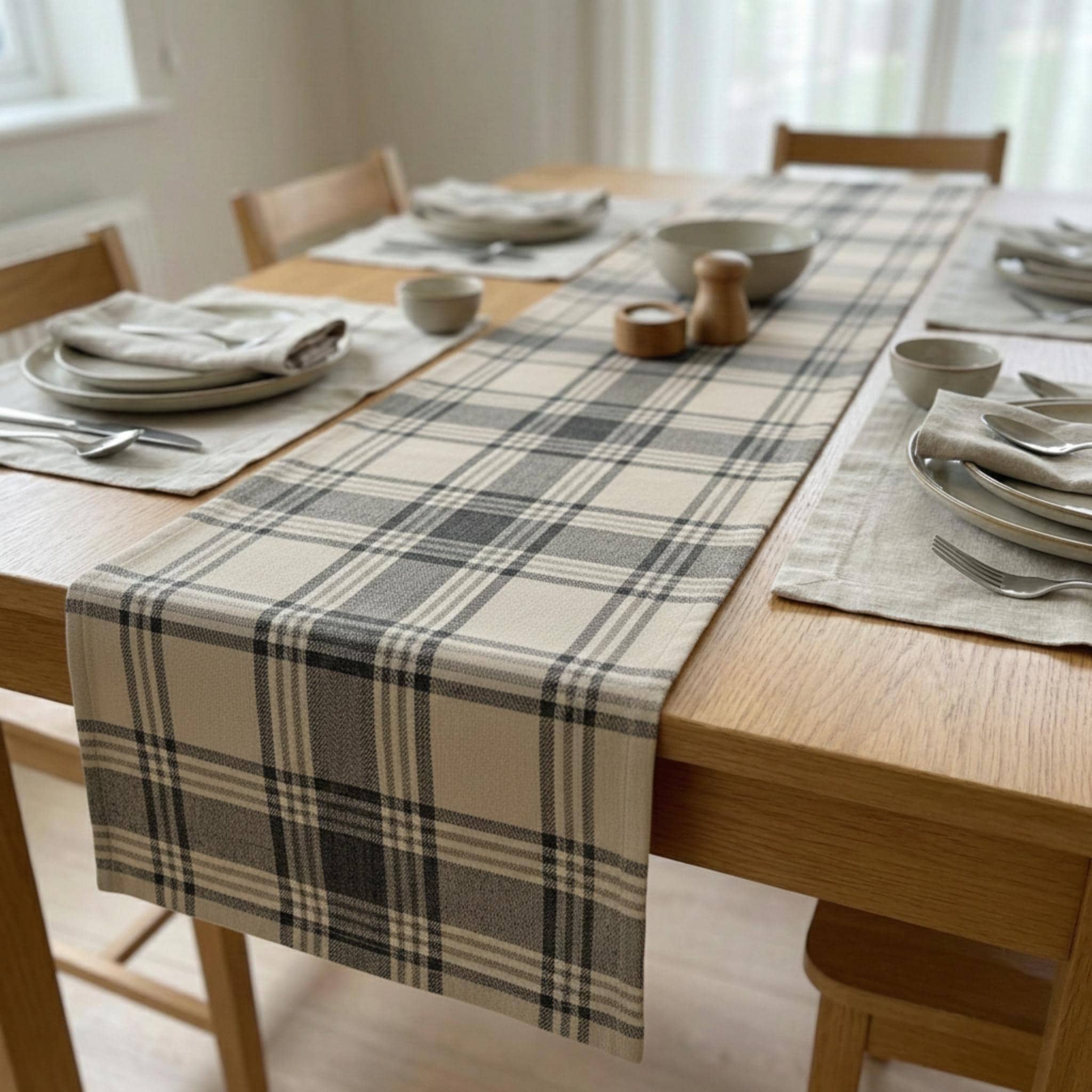 Beige plaid runner on table