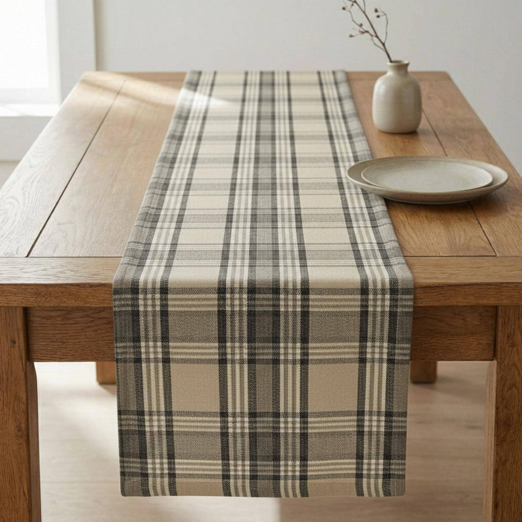 Taupe beige plaid linen table runner