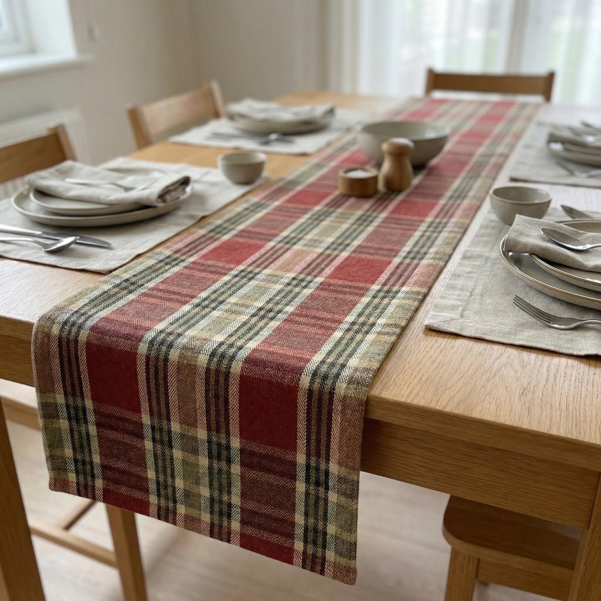 Burgundy runner on wooden table