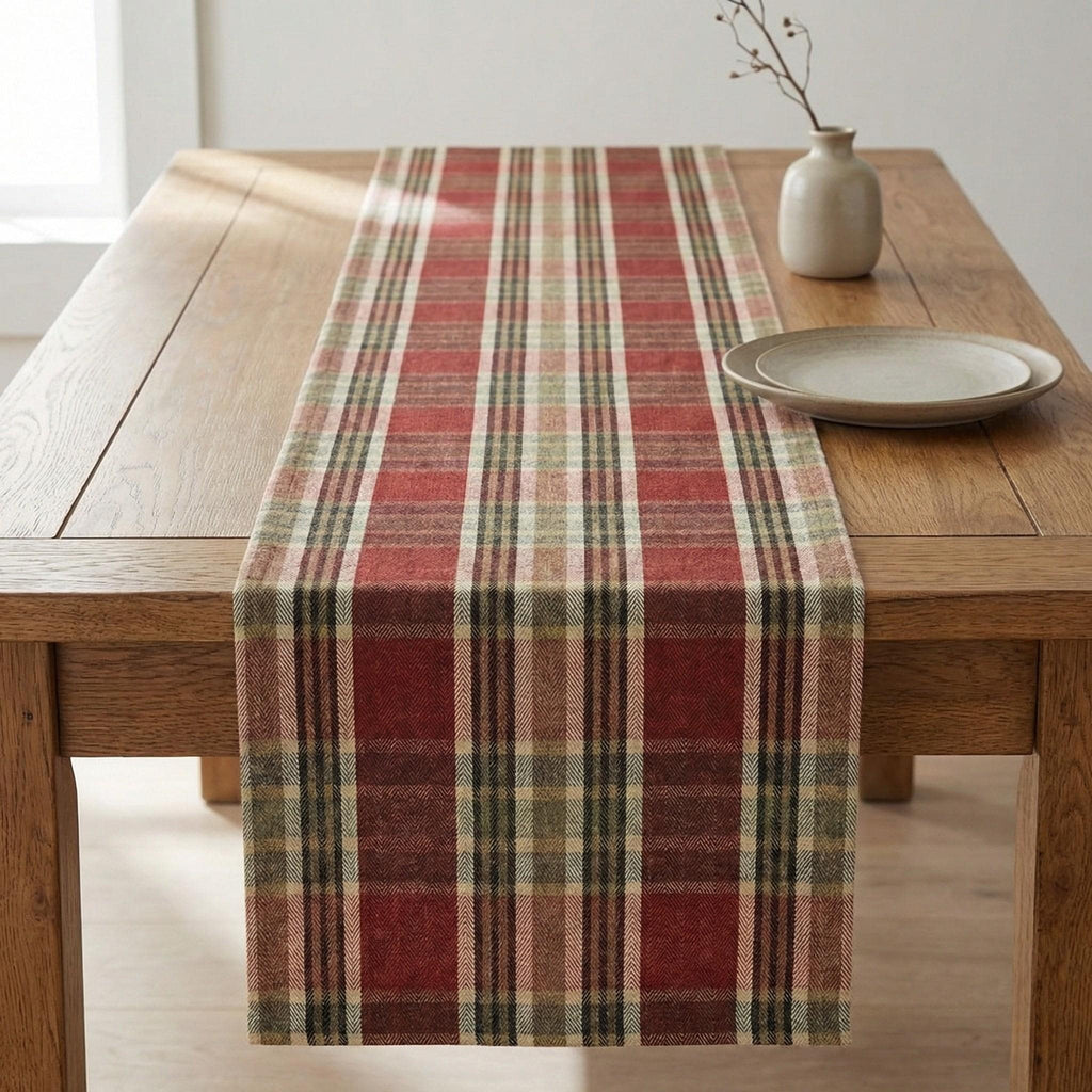 Burgundy plaid linen table runner