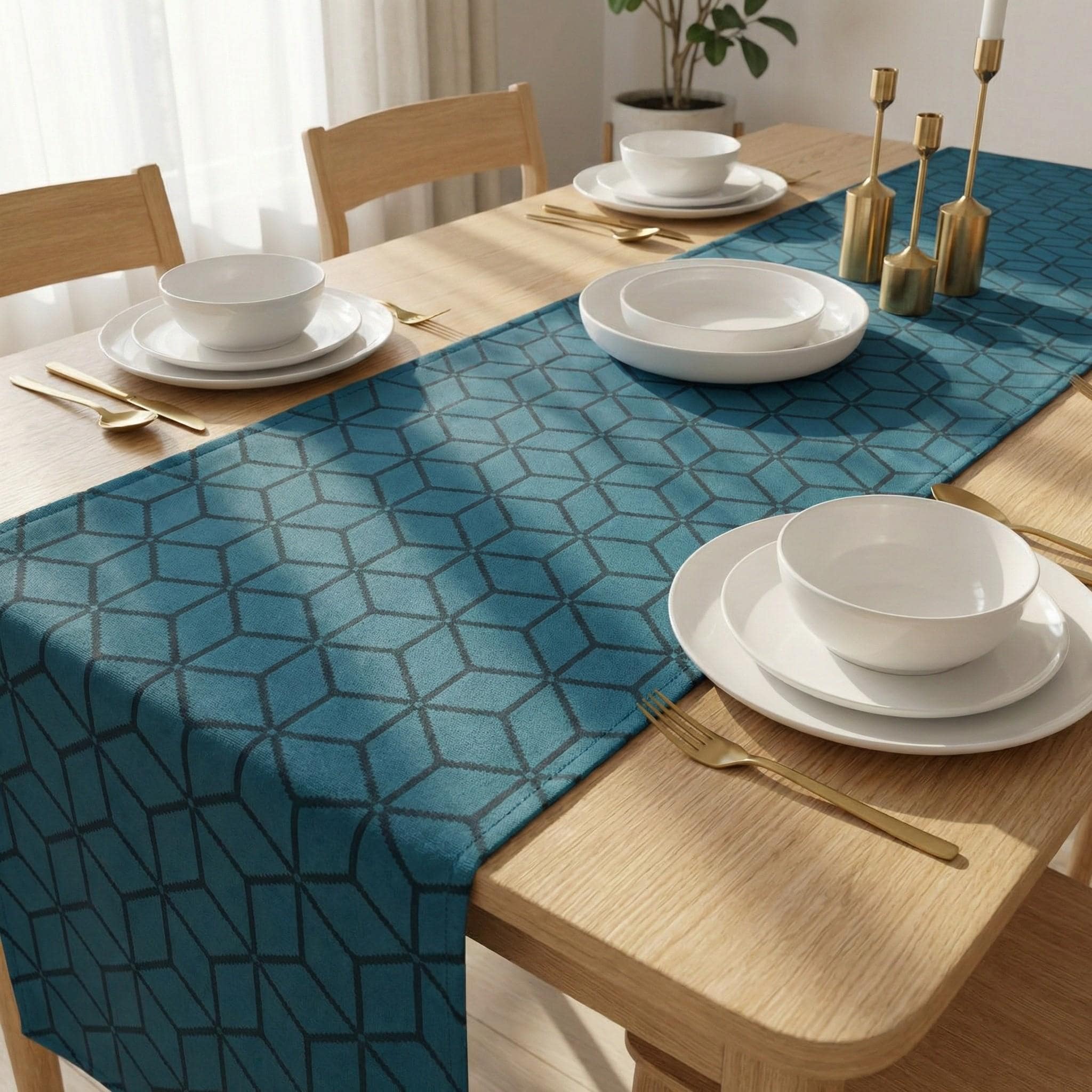 Geometric cube velvet table runner with dinnerware