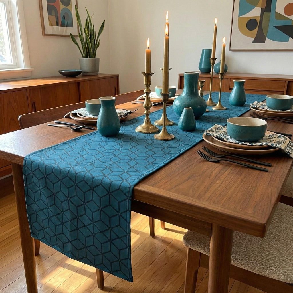 Geometric cube velvet table runner candlelit setting