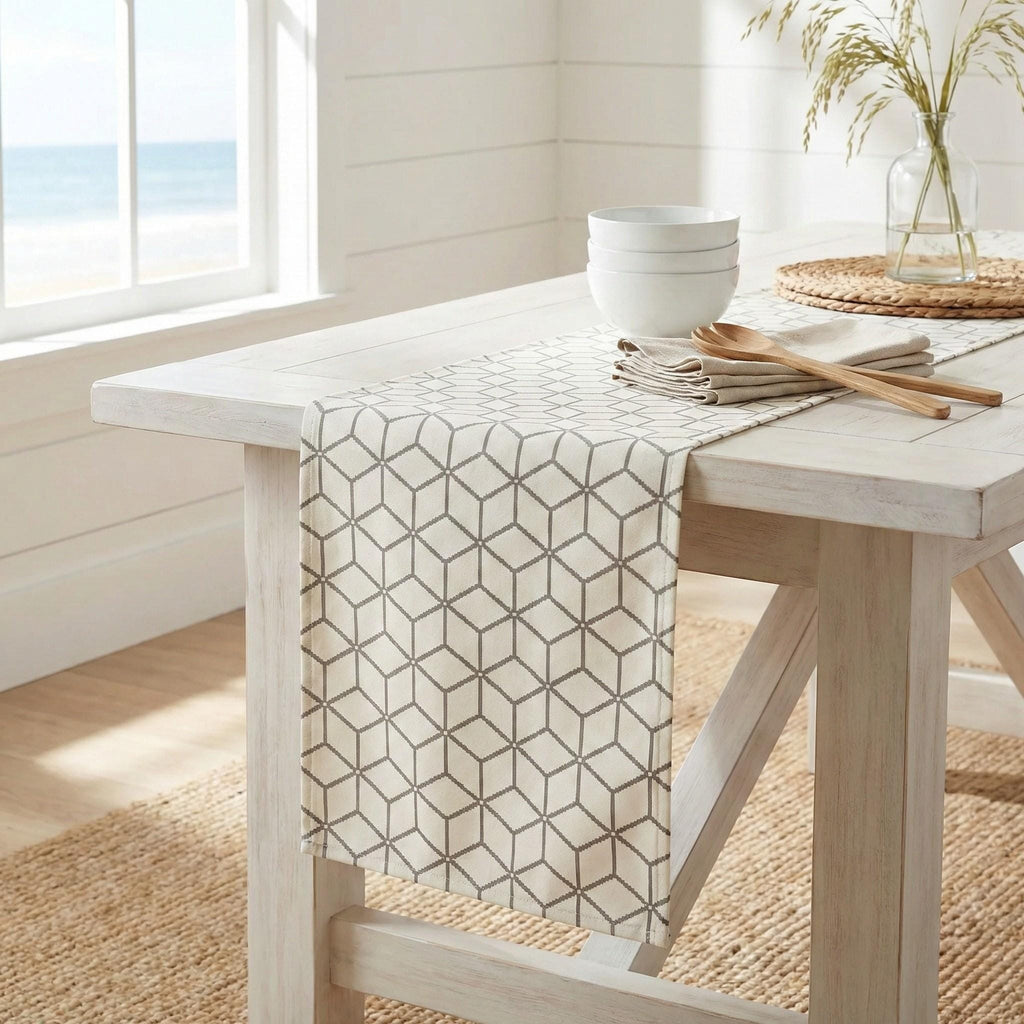 Bone geometric velvet table runner coastal setting