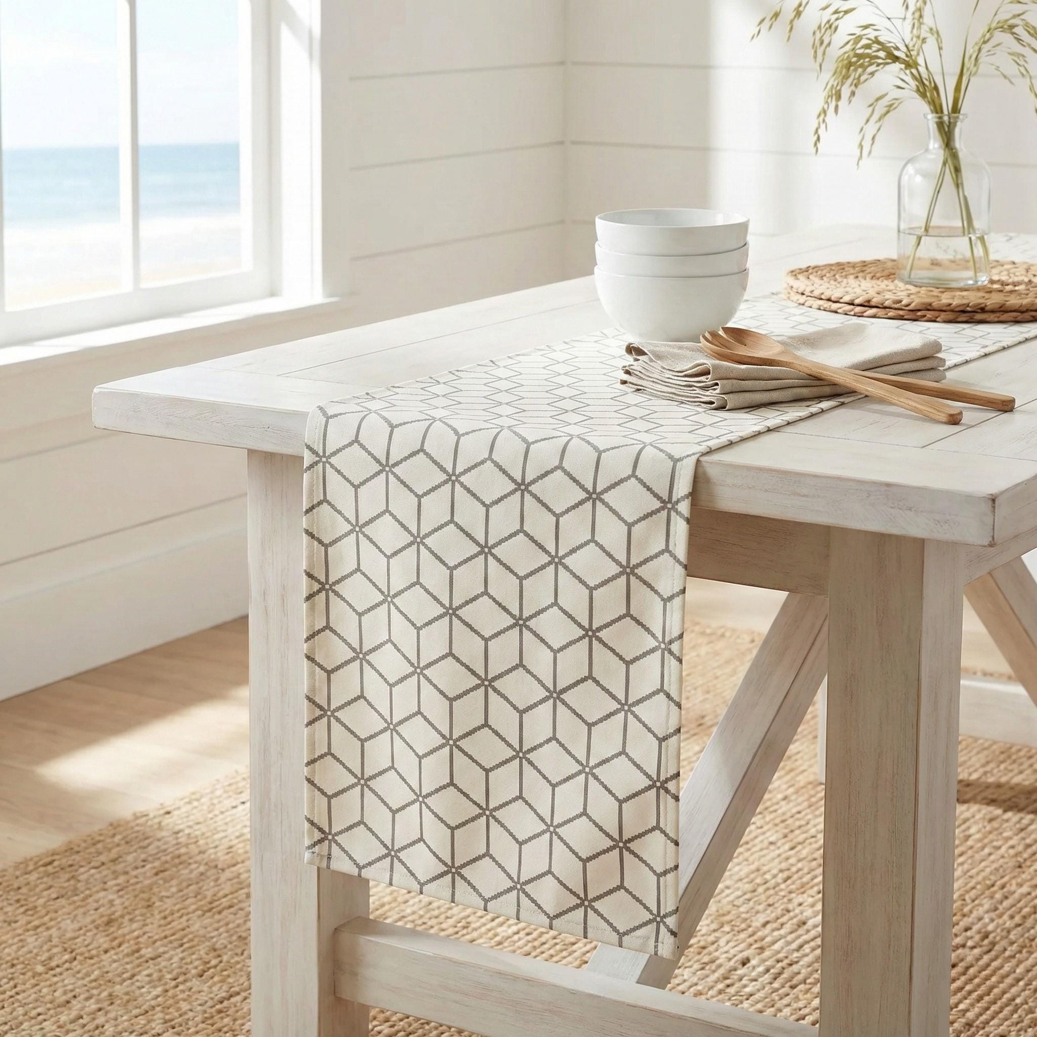 Bone geometric velvet table runner coastal setting