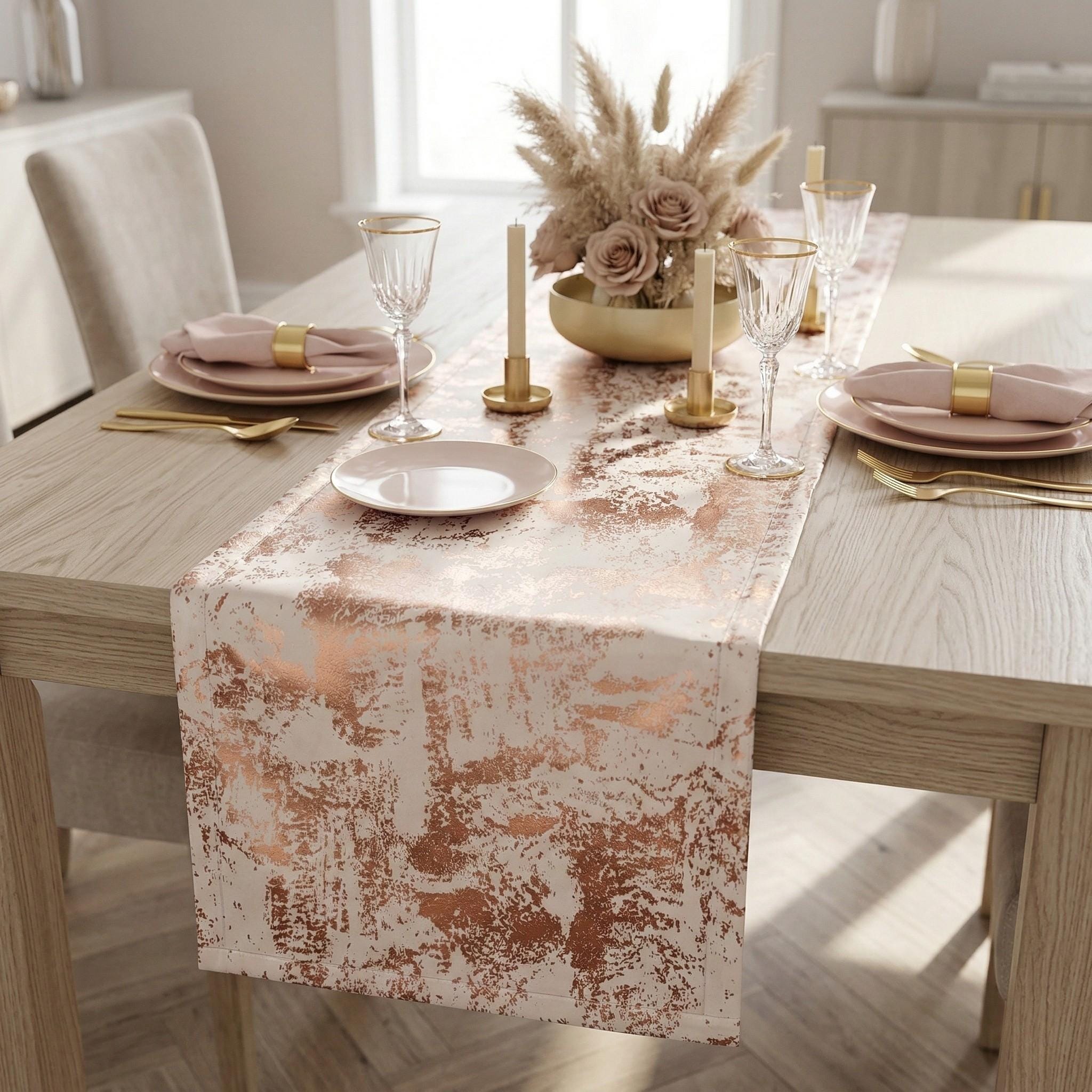 Copper velvet table runner with blush table setting