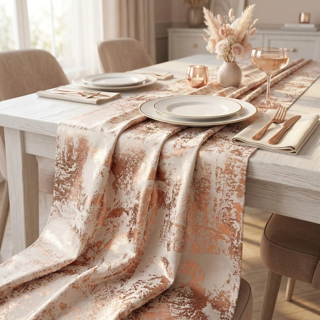 Copper velvet table runner draped on dining table